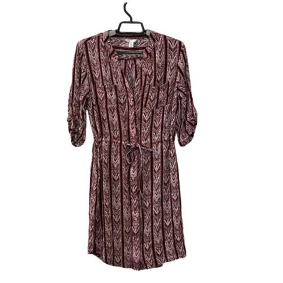 Cato Red Batik Button Down Dress Roll Tab Sleeve w Pockets Size XS - Picture 1 of 12